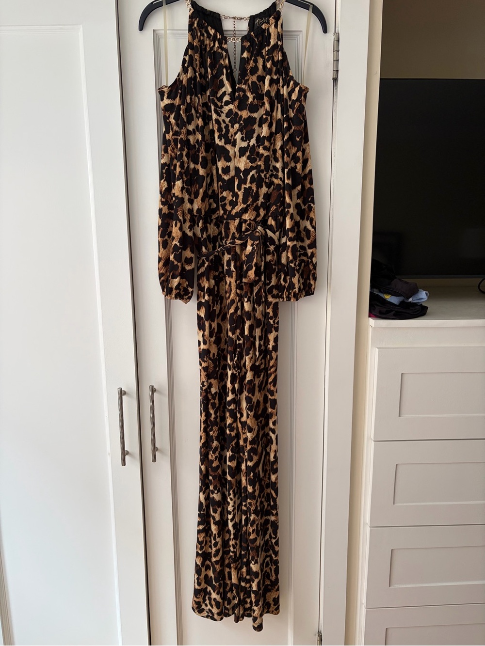 Thalia Sodi Brown Leopard Print Cold Shoulder Long Sleeve Jumpsuit - Size L